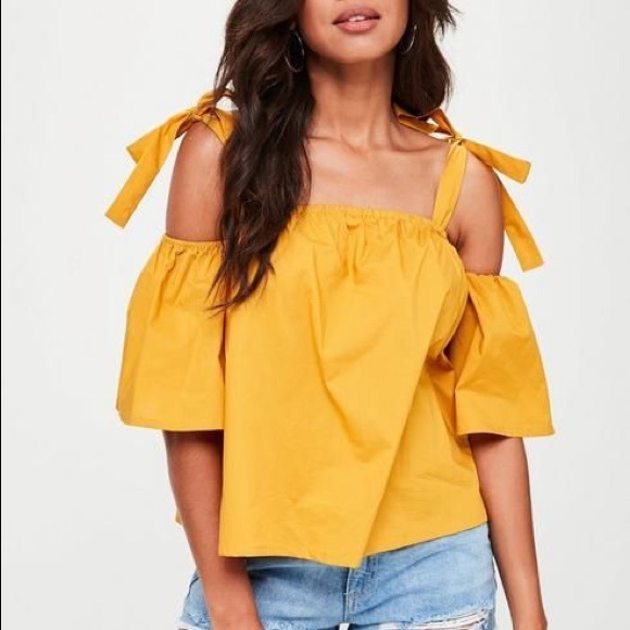 Missguided Tops - Misguided Mustard Yellow Off the Shoulder Tie Top